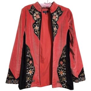 Kaari Blue Embroidered Velour Open Jacket - Dusty Pink and Black